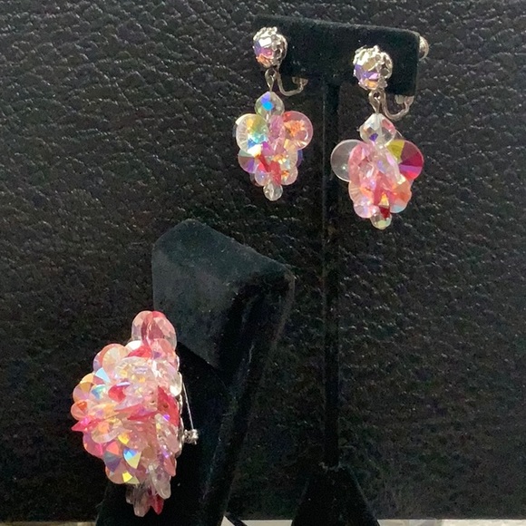VENDOME BROACH & EARRINGS PINK & CLEAR AURORA BOREALIS CRYSTALS SILVER VINTAGE - Picture 9 of 14